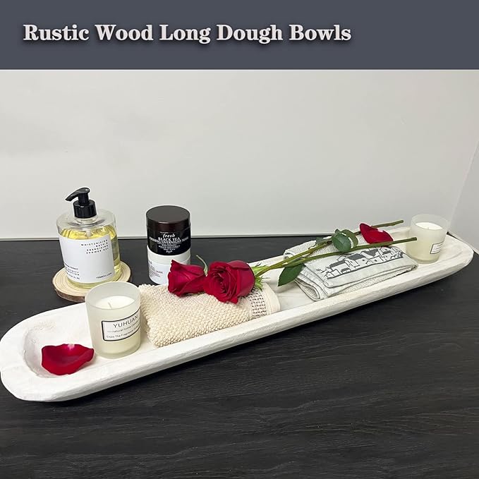 Wooden Dough Bowl Decor, Vintage Wooden Bowl Hand Carved Home Decor for Dining Table Center, Living Room, Kitchen Decor. (30inch white)