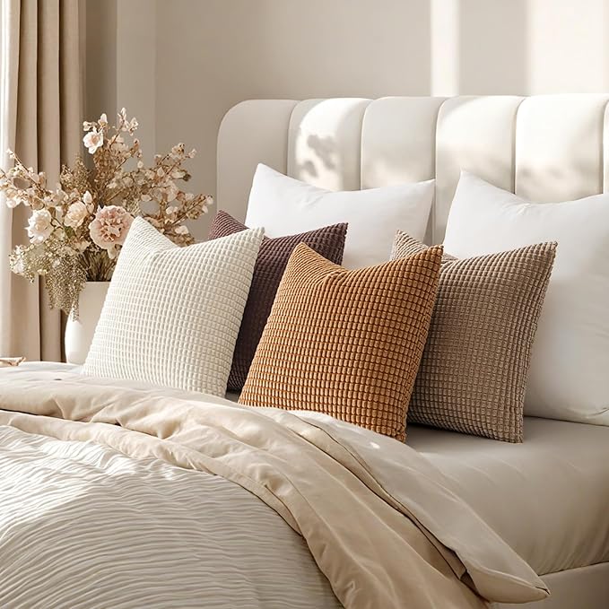 MIULEE Modern Farmhouse Decorative Lumbar Pillow Covers 20x20 Inch Set of 4 Natural Rustic Throw Pillows Neutral Warm Soft Corduroy Couch Pillowcases Home Decor for Sofa Living Room Bed Brown