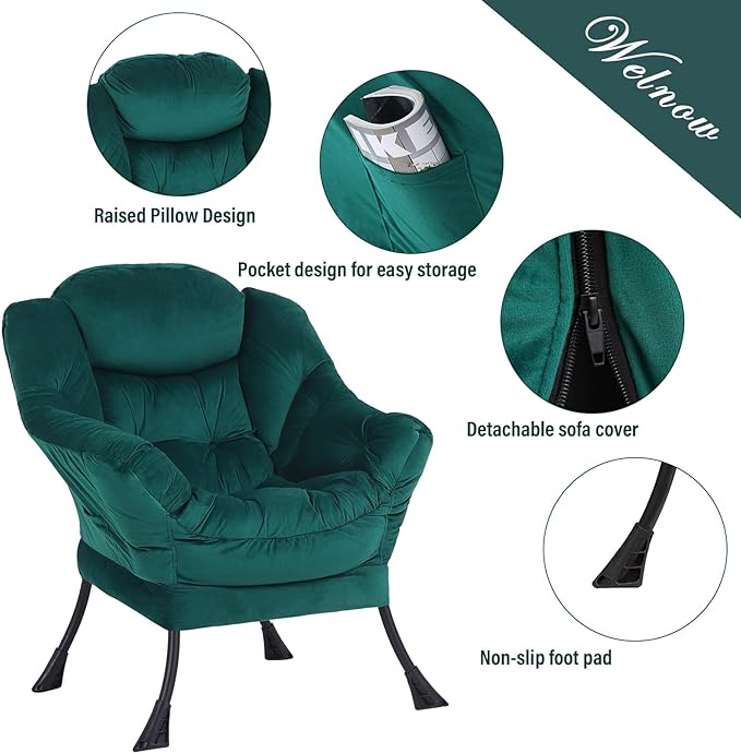 Welnow Lazy Chair with Ottoman, Modern Lounge Accent Chair with Armrests and a Side Pocket, Leisure Sofa Armchair, Reading Armchair with Footrest for Small Space, Dark Green