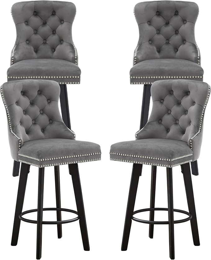 YISHENG Modern Swivel 27" H Seat Set of 4 Velvet Barstools with Backrest and Footrest,Button Tufted Rivet Trim Dining Room Chairs with Metal Pull Ring for Kitchen Island，Bistro, Home Bar，Gray