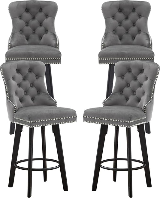 YISHENG Modern Swivel 27" H Seat Set of 4 Velvet Barstools with Backrest and Footrest,Button Tufted Rivet Trim Dining Room Chairs with Metal Pull Ring for Kitchen Island，Bistro, Home Bar，Gray
