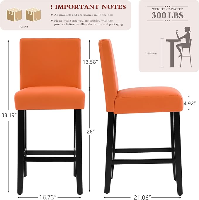 26'' Faux Leather Bar Stools Set of 4, Modern Upholstered Bar Chairs with Back, Soild Wood Legs Barstools for Kitchen Island, Orange