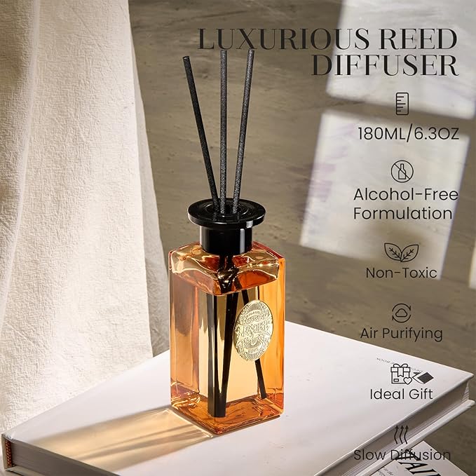 M&SENSE 6.10 oz Large Reed Diffuser Set | Pumpkin Apple Pie Scent Oil Diffuser with Sticks | Hotel Collection Non-Toxic Essential Oil |for Bedroom Bathroom Living Room