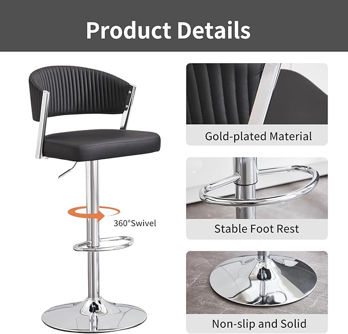 Bar Stools Set of 2, Adjustable Swivel Counter Height Bar Stools with Back and Footrest, PU Leather Bar Chairs for Kitchen Dining Room - Black