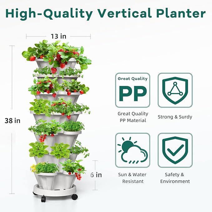 Strawberry Vertical Planters, 7 Tiered Stacking Tower Garden with Support Pole, Stackable Herb Vegetable Planters Indoor and Outdoor - White