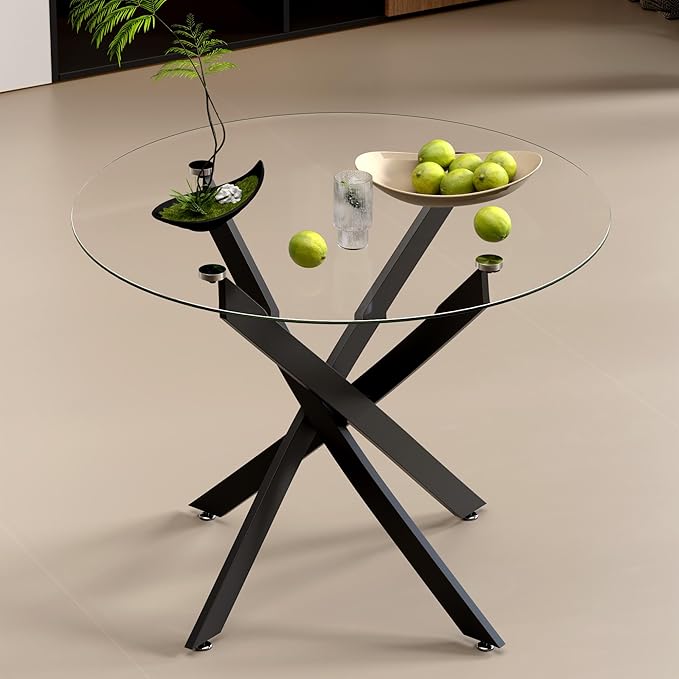 Glass Dining Table Modern Kitchen Table with Black Metal Legs 36 Inch Small Round Dining Table for Apartment Kitchen Dining Room