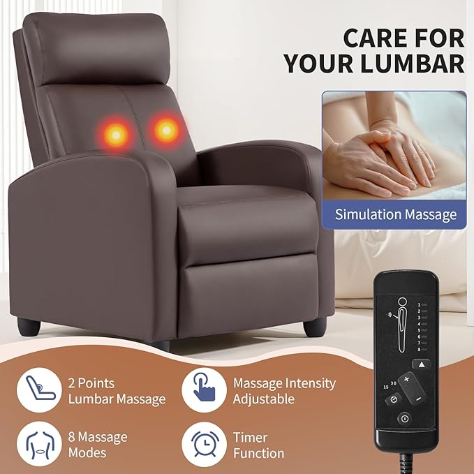 BestMassage | Recliner Chair | with 2 Point Massage Function | Leather Dark Brown | with Lumbar Support, Adjustable Push Back, Footrest & Padded Seat | Easy Assembly | for Living Room, Home Theatre