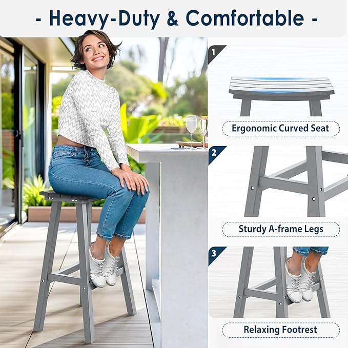 nalone 29 Inch Outdoor Bar Stools Set of 2, HDPE Bar Chairs with Footrest, Weather Resistant Barstools Outside Counter Height Stools for Yard, Balcony (Grey, 29'' Barstools Set of 2)