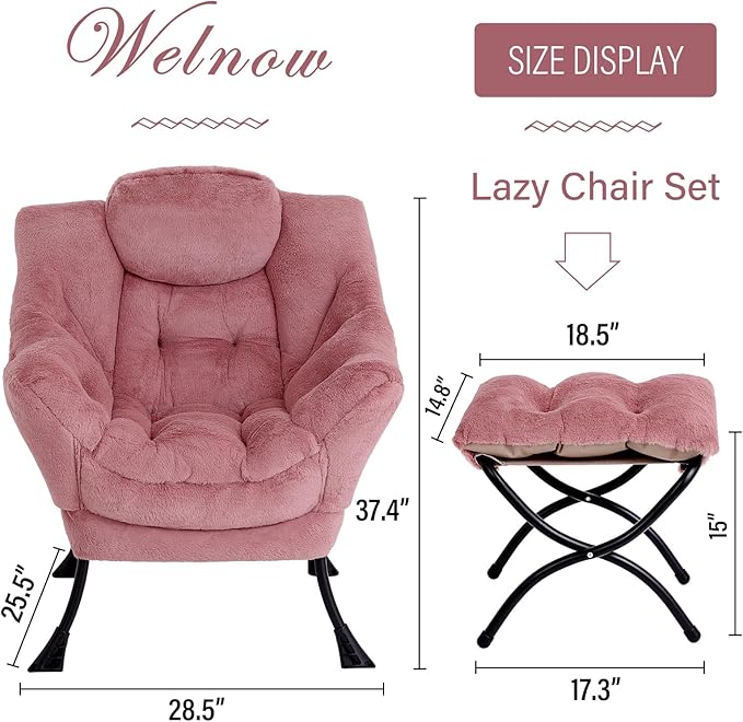 Welnow Lazy Chair with Ottoman, Modern Lounge Accent Chair with Armrests and a Side Pocket, Leisure Sofa Armchair Set, Reading Armchair with Footrest for Small Space, Plush Dark Pink