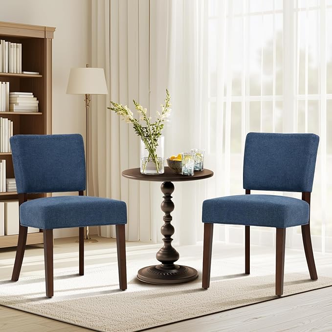 COLAMY Mid Century Modern Dining Chairs Set of 2, Upholstered Kitchen Chairs with Back, Farmhouse Fabric Side Dining Room Chairs with Wood Legs for Dining Room Kitchen Restaurant, Blue