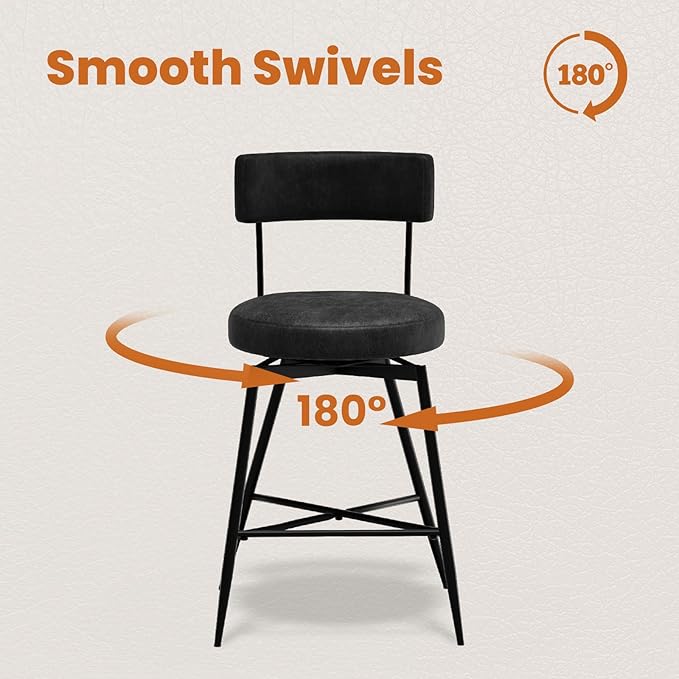 Swivel Counter Height Bar Stools with Back, 27 Inch PU Black Leather Upholstered Kitchen Bar Chairs for Kitchen Counter Island, Dining Chairs with Footrest Metal Legs