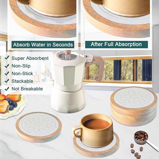 5 Pack Wood Coasters for Drinks, Minacun Absorbent Coaster Set, Drinks Coasters for Coffee Tabletop Protection, Non-Slip, Non-Stick, Suitable for Kinds of Cups Wooden Table Drink, 4.3 Inch White