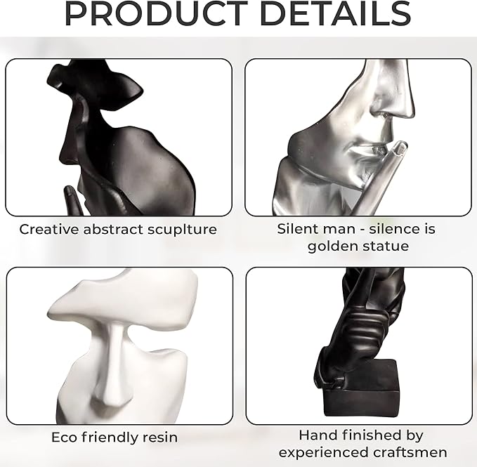 Silence is Golden Thinker Statue - 28cm Modern and Creative Abstract Sculpture of Keep Silent Man Statue Figurine for Home Living Room Office Desk Decor (Silver)