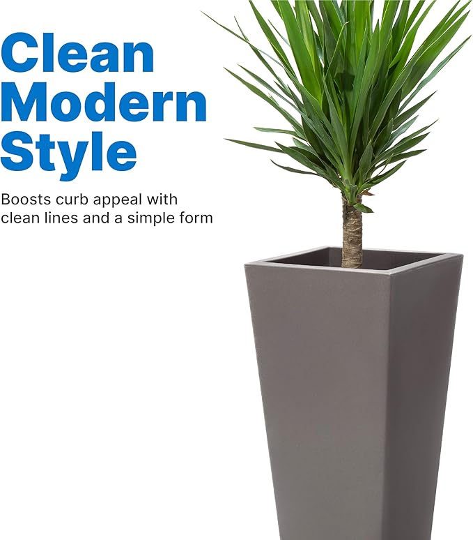 Step2 Tremont Tall Square Tapered Planter, Large Planters for Outdoor Plants, Gardening and Flower Pot for Patio or Porch, Efficient Drainage, Durable Plastic, Dark Cedar, 1-Pack