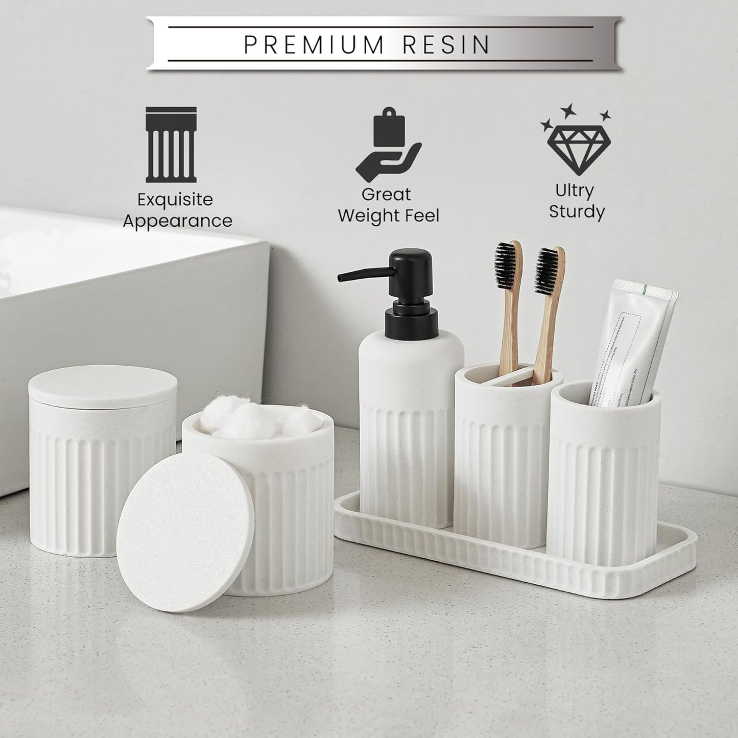 Bathroom Accessory Set - 6 Pieces Bathroom Accessories Set Complete with Soap Dispenser, Toothbrush Holder, Tumbler, Vanity Tray and 2 Qtip Holder for Home Organizer and Decor, White