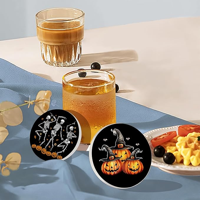 Coaster for Drinks Set of 6, Halloween Skeleton Skull Pumpkin Absorbing Round Ceramic Stone Coaster with Cork Base,Tabletop Protection Mat for Mugs and Cups,Coffee Table Wine Glass Home Bar 4 Inch