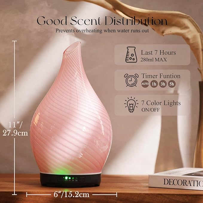 Porseme 280ml Essential Oil Diffuser Glass Color Changing Aroma Air Diffusers Aromatherapy Ultrasonic Cool Mist Humidifier 7 Running Hours Waterless Auto-Off for Sleeping, Yoga, Spa (Pure Pink)