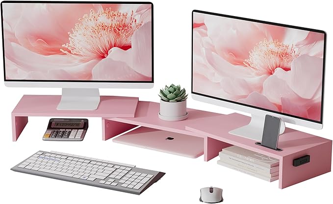 BONTEC Dual Monitor Stand for Desk, Adjustable Length and Angle Monitor Stand Riser with Smartphone Holder, Desk Shelf for Top of Desk, Computer Monitor Stand with Storage, Office Desk Organizer, Pink