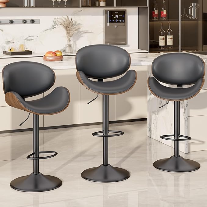 Swivel Bar Stools Set of 3, Seat Adjustable Height 23.5-32.5IN Bentwood Barstools with Back & Footrest, PU Leather Upholstered Counter Height Bar Chairs for Bar Kitchen, Grey&Brown