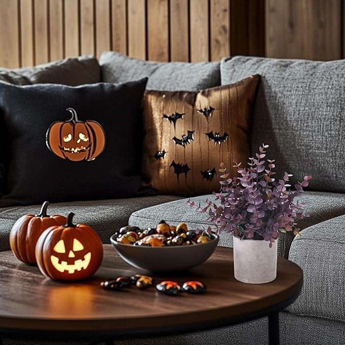 2 Pack Small Fake Plants Eucalyptus Potted Artificial Plants Fall Decorations for Home Shelf Office Bathroom Desk Farmhouse Room Coffee Table Decor Halloween Decor (Plum)