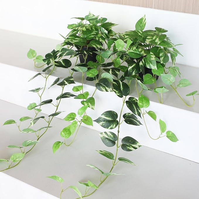 Fake Pothos Hanging Plants - Set of 2 Artificial Silk Ivy Vines with Pots, Realistic Faux Greenery for Indoor Home Decor, Low Maintenance Hanging Plant Decoration (Golden Green)