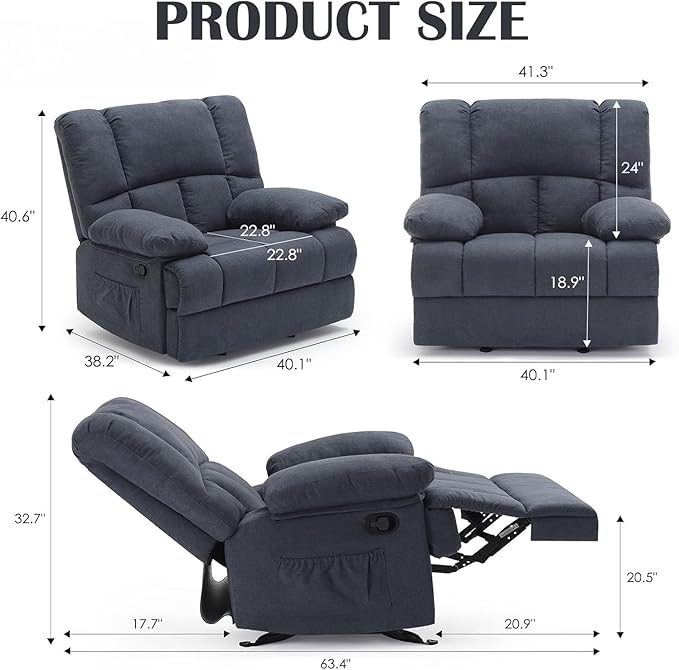 Oversized Rocker Recliner Chair, Wide Rocker Chair with Adjustable Backrest Footrest, Oversized Recliner for Adults, Reclining Sofa for Living Room, Solid Back