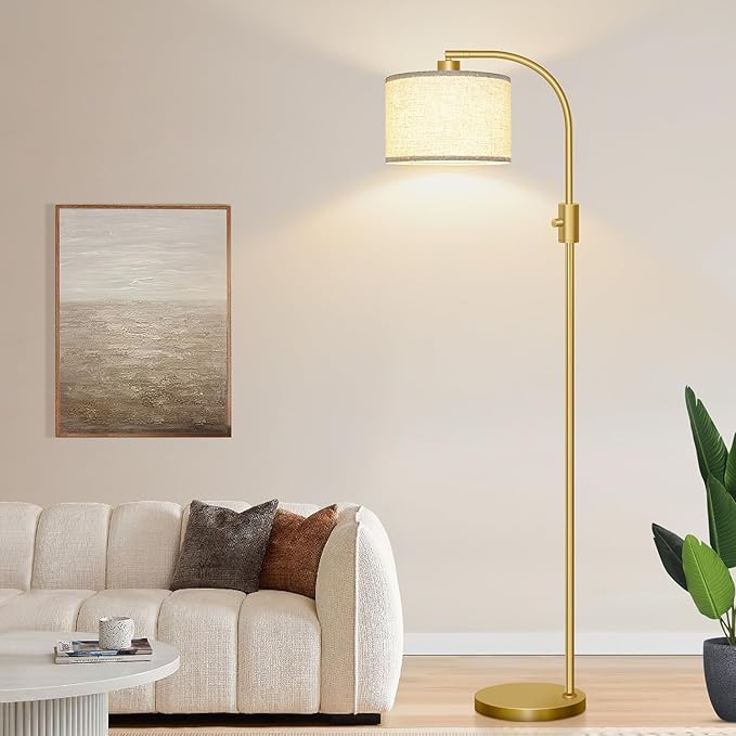 Nintiue Upgraded Modern Arc Dimmable Tall Standing Floor Lamp with Linen Shade, 1200 Lumens LED Bulb Included, for Living & Reading Room, Bedroom, Office & Nursery, Gold