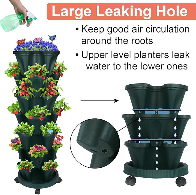 Vertical Planter, 7 Tier Stackable Strawberry Planter with Garden Tool Set, Movable Indoor/Outdoor Garden Herb Pot for Growing Vegetables and Succulents, Green