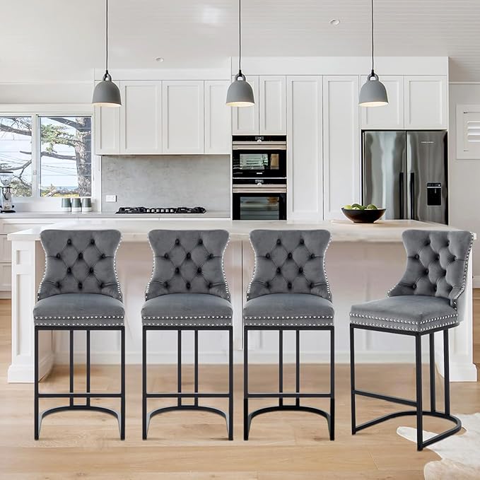 UVV Counter Height Bar Stools Set of 2, 26" Modern Barstools with Back, Velvet Upholstery Counter Chairs with Metal Legs for Kitchen Island, Bar, Counter, Gray