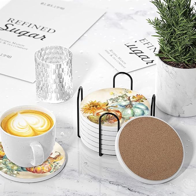 Fall Drink Absorbent Coasters with Holder Set of 6, Ceramic Stone with Cork Base, Watercolor Vintage Orange Pumpkin and Sunflowers Coaster for Drinks, Gift for Housewarming Room Bar Home Decor Kitchen