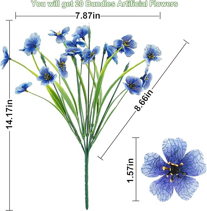 20 Bundles Artificial Flowers for Outdoors or Indoor Garden Home Decoration,No Fade Fake Flowers Faux Plants for Decoration Hanging Planters,Porch Window Box Garden Wedding Farmhouse Fake Plants