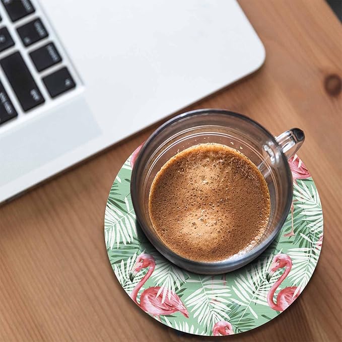 Flamingos and Palm Leaves Round Coaster for Home Coffee Table Watercolor Tropical Nature Birds Foliage Farmhouse Drink Coasters 100% Diatomite 4''X 4''X 0.35'' Printed Pattern