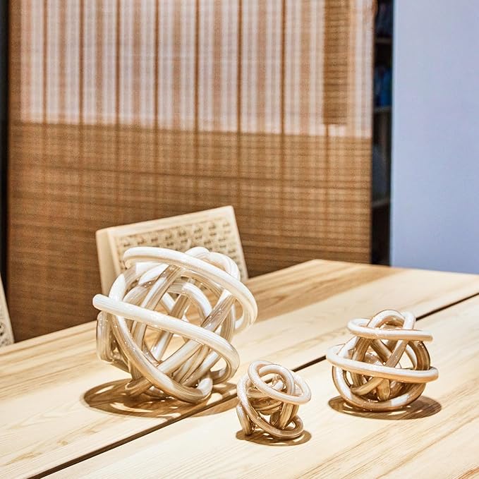 Luxury Lane Hand Blown Infinity Knot Sommerso Decorative Glass Ball for Bowls Home Decor 6 inch Tall Orbit Centerpiece Table Decoration Sculpture White Gold