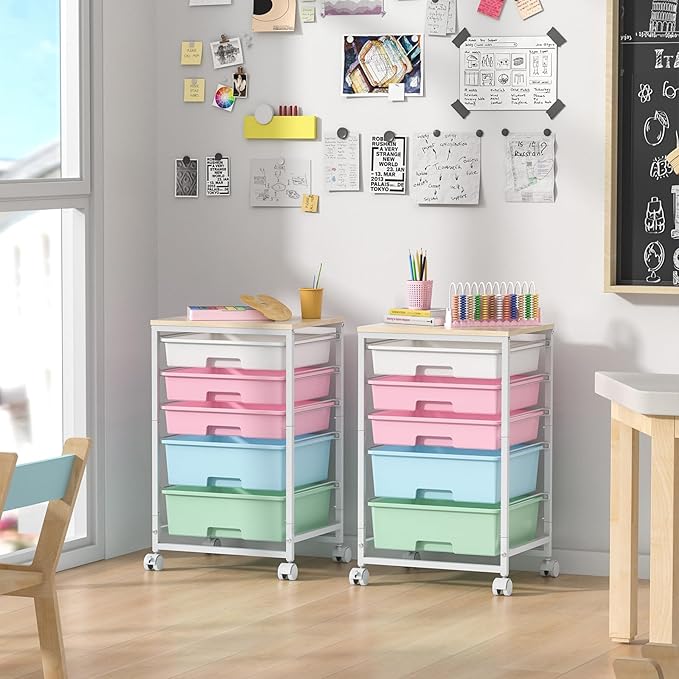 Utility Cart with 5 Drawers,Storage Drawer Cart with Wooden Tabletop and Lockable Wheels,Craft Storage Trolley Cart,5-Tier Rolling Utility Cart on Wheels,Rainbow