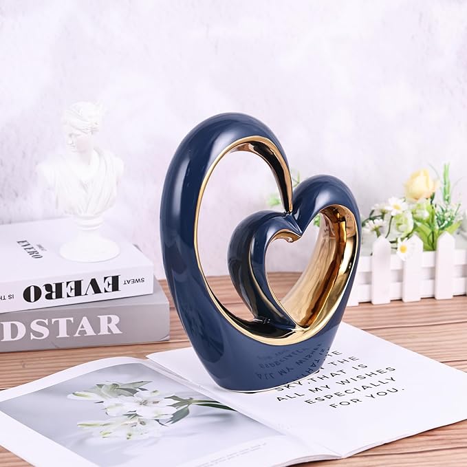Ceramic Heart Decor Love Statue, Navy Blue Gold Double Hearts Sculptures for Home Table Centerpiece Decor, Valentine, Wedding, Decorative Items for Shelves, Coffee Table Decor (S Heart-Round)