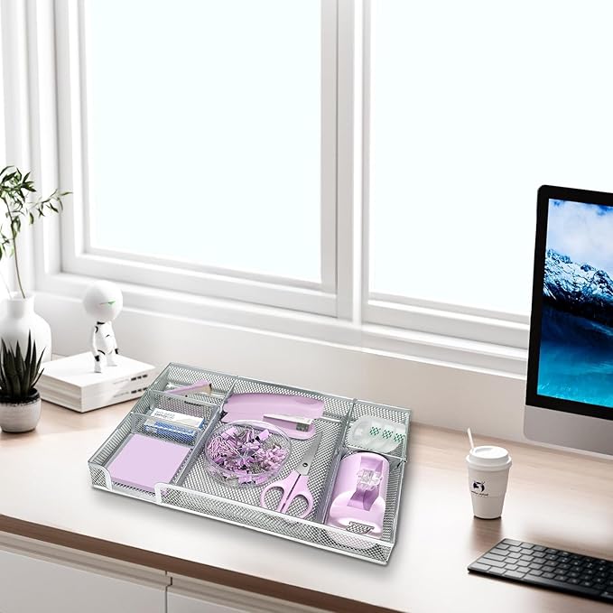 Purple Office Desk Accessories,Purple Office Supplies Set, Desk Drawer Organizer,Stapler and Tape Dispenser Set,Tape,Staple Remover, Staples, Paper Clips, Scissor and Sticky Note