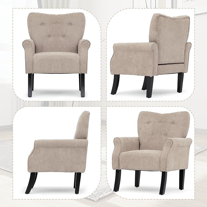 Athena Collection Mid Century Modern Chair for Living Room, Upholstered Wingback Reading Chair for Adults, Comfy Linen Fabric Armchair with Wooden Legs for Bedroom, Dorm, Balcony, Beige