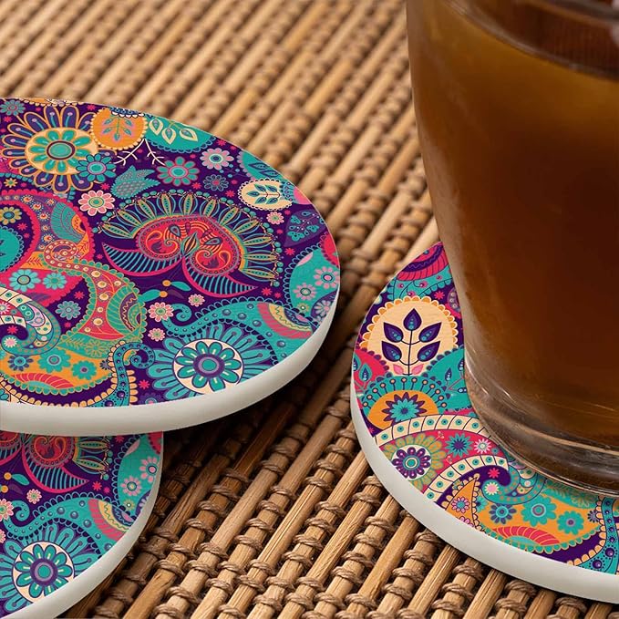 Colorful Floral Coasters for Drinks Exotic Paisley Curly Ethnic Fantastic Artistic Stylized Flowers for Tabletop Protection Coffee Table Living Room Kitchen Office Home Decor 2 Pcs,4 Inch