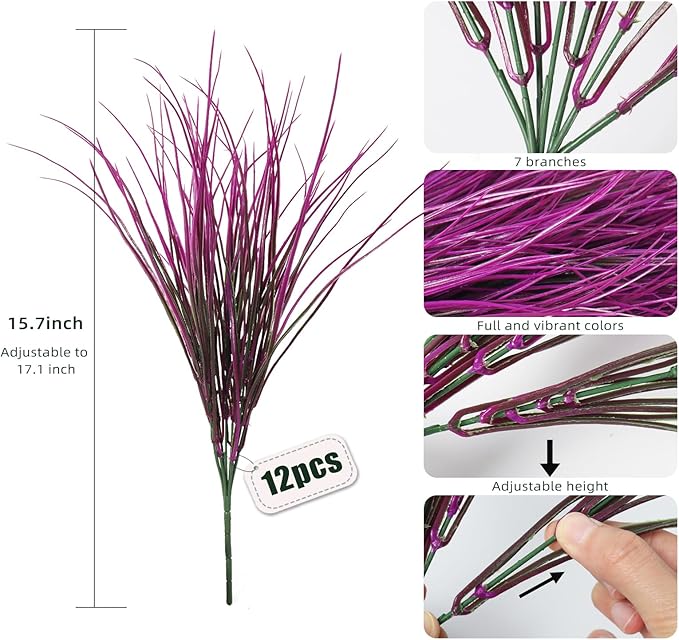RECUTMS 12 Bundles Artificial Grass Fake Plants Outdoor Fake Grass UV Resistant Greenery Plastic Plants for Home Window Garden Office Patio Hanging Planter Pathway Front Porch Décorr(Fuchsia)