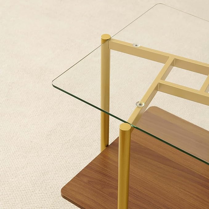 Square Glass End Table, Mid-Century Modern Sofa Table, L20*W20*H23 inch for Living Room, 2-Tier Structure, Clear Glass Top and Walnut MDF Shelf, Sleek Conical Metal Legs with Gold Finish