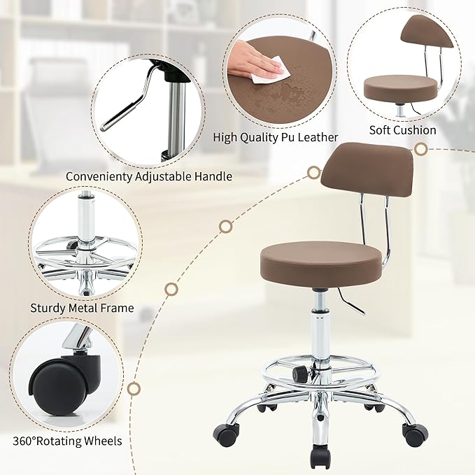 Salon Rolling Chair, Adjustable Stool with Footrest and Back 19.5"-26.6",Coffee Brown Massage Stools with Wheels (Coffee Brown)
