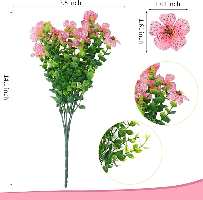 ‌20 Bundles Artificial Flowers for Outdoors‌ with 6 Faux Butterflies, UV Resistant ‌Fake Flowers‌ with Eucalyptus Leaves, ‌Artificial Plants Outdoor‌ for Patio Garden Porch Home Decor (Pink)