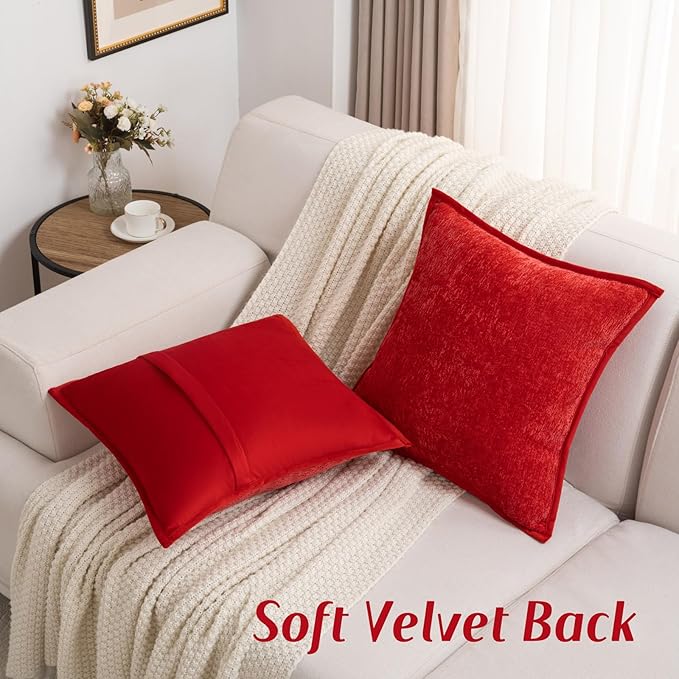 FUTEI Red Chenille Throw Pillow Covers 24x24 Inch Set of 2,Soft Cozy Bound Edge Design European Cushion Cover,Home Decor for Couch Bed Living Room
