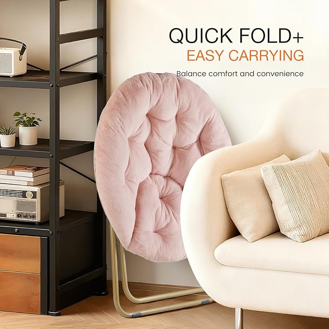 NEWBULIG Comfy Saucer Chairs Soft Lounge Cute Folding Bedroom Living Room Seat Flexible Reading Foldable Seating for Adults Thick Padded Metal Frame Modern for Home Office Pink