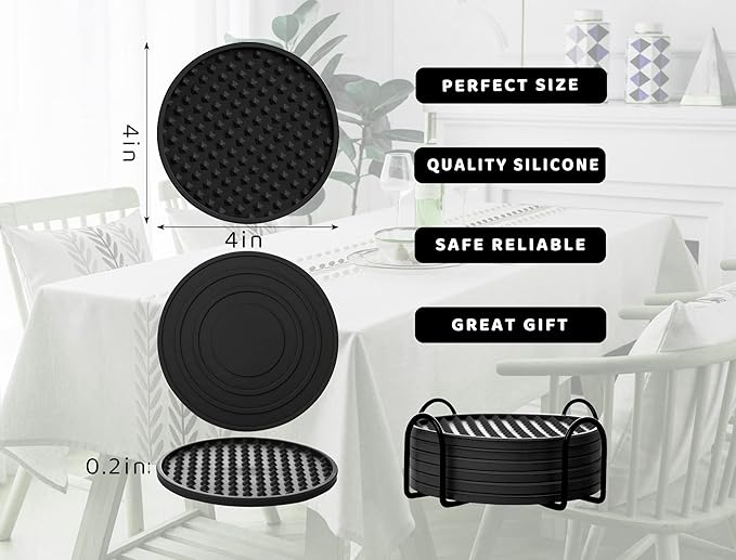 Coasters for Drinks 6 Pack Drink Coaster with Holder,Heat Resistant Silicone Cup Mat Tabletop Protection,Non-Slip Rubber Coasters for Kinds of Cups (Black)