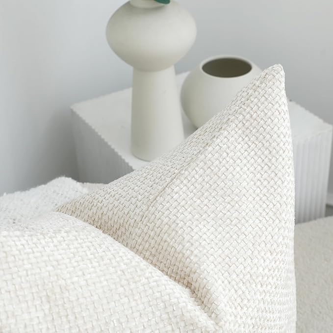 Stellhome Pack of 2 Woven Textured Decorative Throw Pillow Covers Soft Chenille Accent Luxury Cushion Cases for Living Room Couch Bed Sofa Farmhouse Boho Home, 16x16 inch, Cream