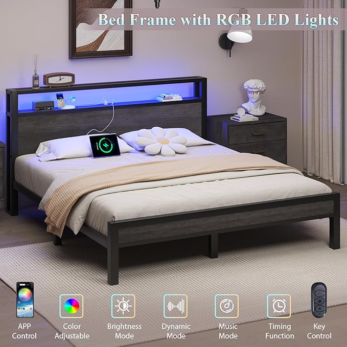 Full Size Bed Frame with Storage Headboard, Industrial Platform Bed with Charging Station and LED Lights, Heavy Duty Metal Slats, No Box Spring Need, Noise Free, Grey