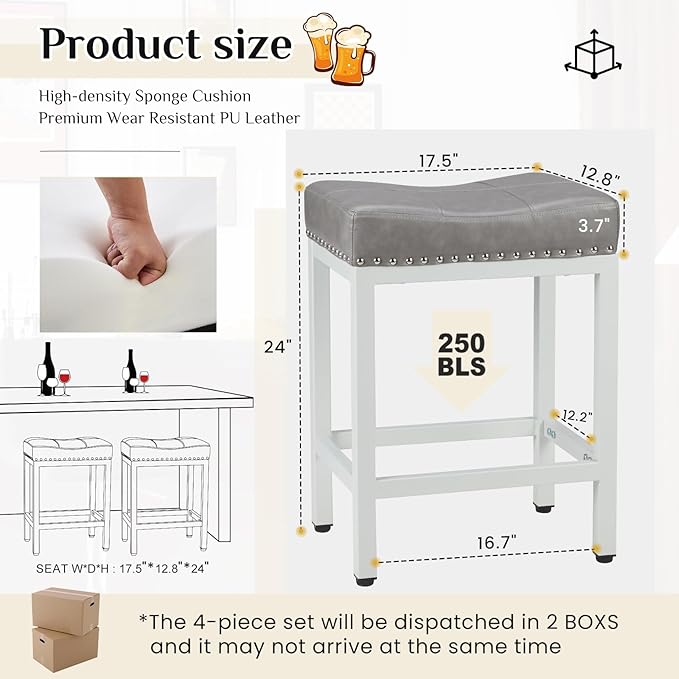 Sweetcrispy 24 inch Bar Stools Set of 2, Upholstered Modern Counter Height Bar Stools for Kitchen Island Modern PU Leather Sadless Stools Chair with Metal Base and Footrest, Grey