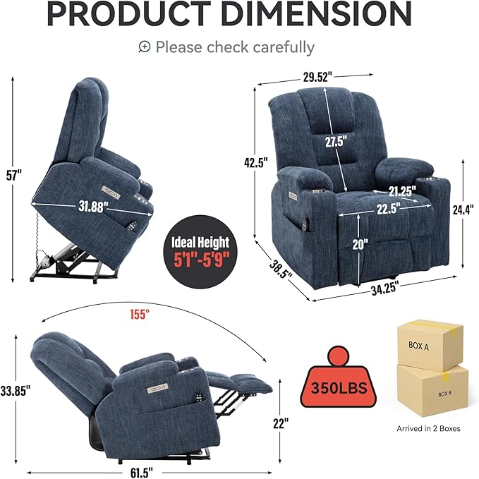 Large Power Lift Recliner Chair for Eldery, Overstuffed Wide Recliners with Massage and Heat, Electric Living Room Chairs with USB Charge Port, 2 Cup Holders, Blue