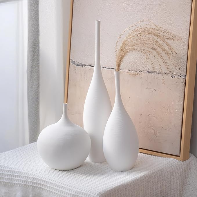 White Ceramic Vase Modern Boho Wabi-Sabi Flower Vase Set of 3 Decorative Aesthetic Vases for Centerpieces Pampas Matte Minimalist Vases for Living Room Table Shelf Home Decor Gift